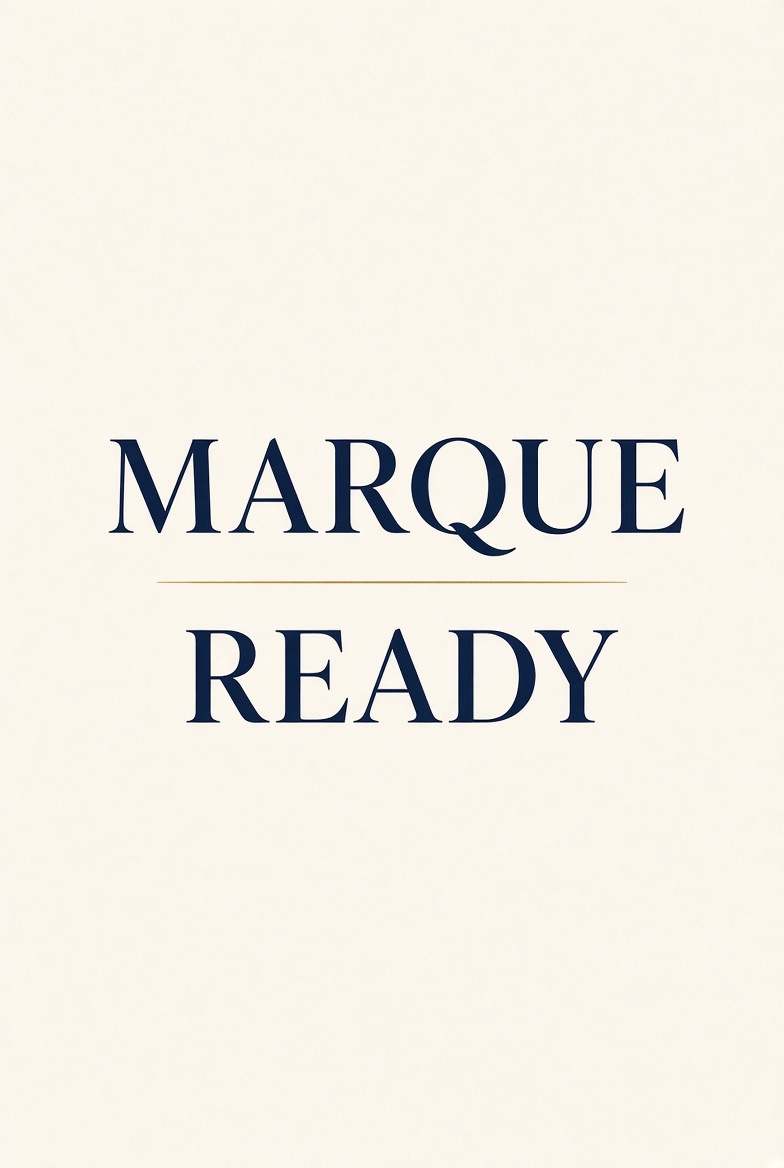 Marque Ready editorial wordmark, with a thin brass rule